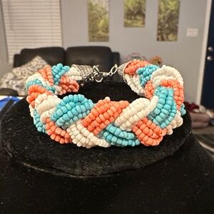 Hand Beaded Braided Bracelet, Teal, White, Coral. Claw Clasp. Extension Chain
